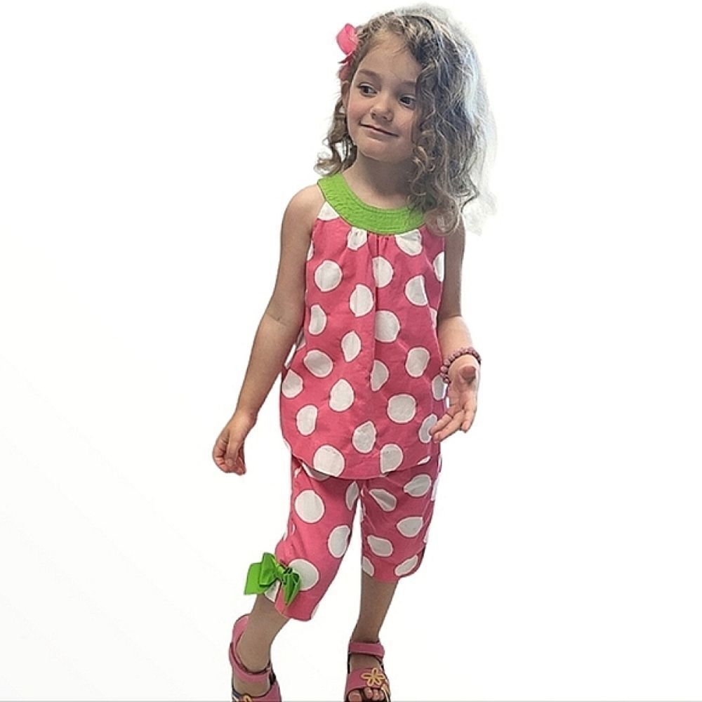 EUC Peaches & Cream Polkadot Swing Top & Capri Pant Set
